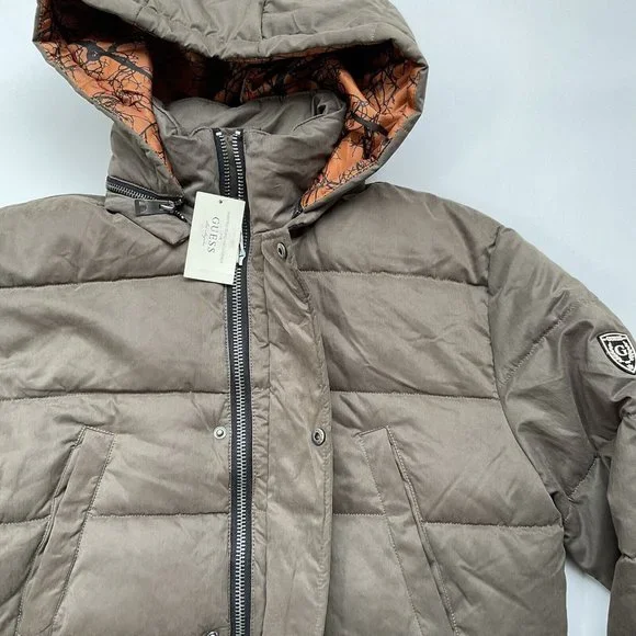 $298 Guess Men’s Alta Nylon Puffer Long Jacket With Hood In Light Brown Size XL